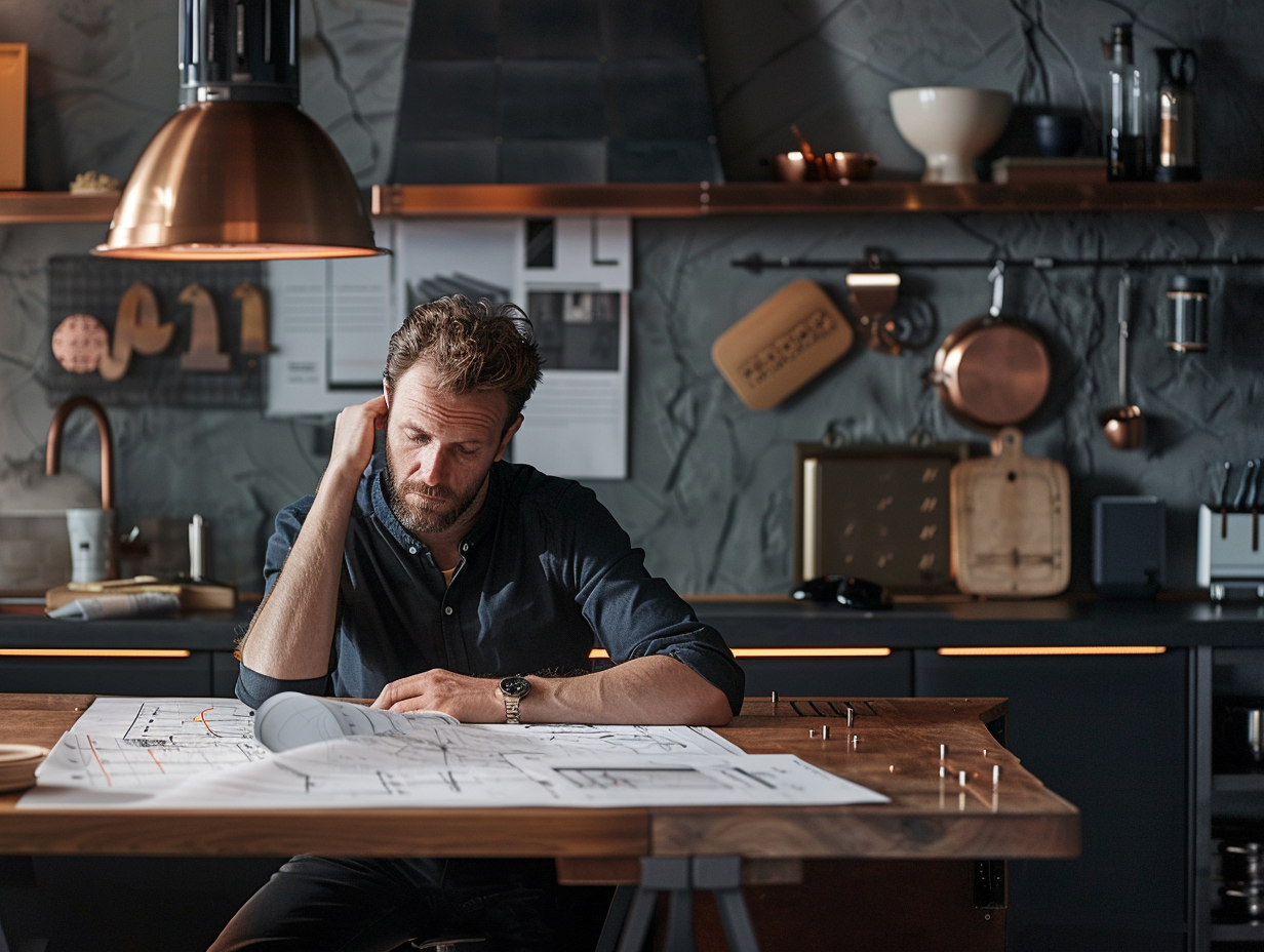 Man with beard and dark shirt sitting at a wooden table, studying architectural blueprints in a modern kitchen.