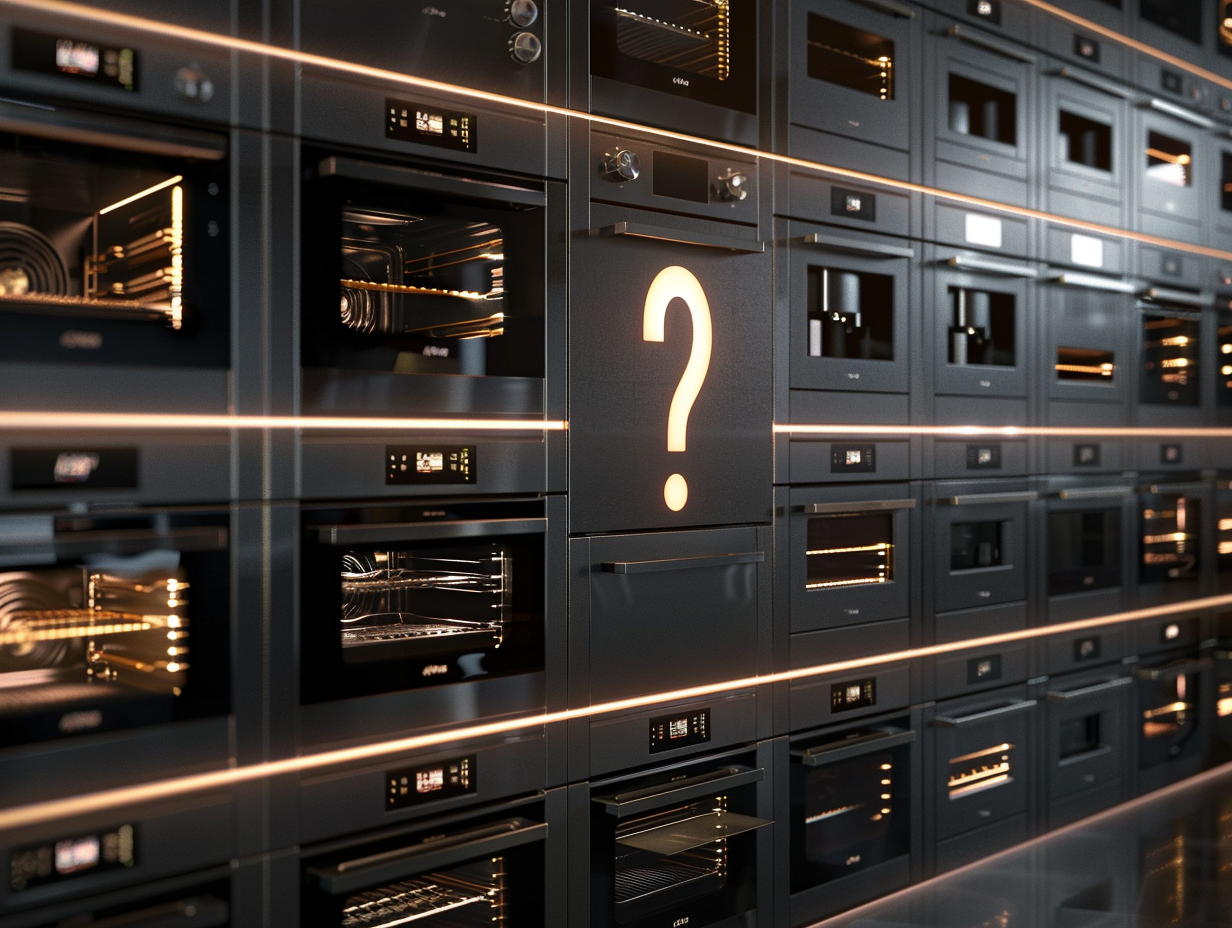 Wall of modern black ovens with one oven panel displaying a glowing question mark.