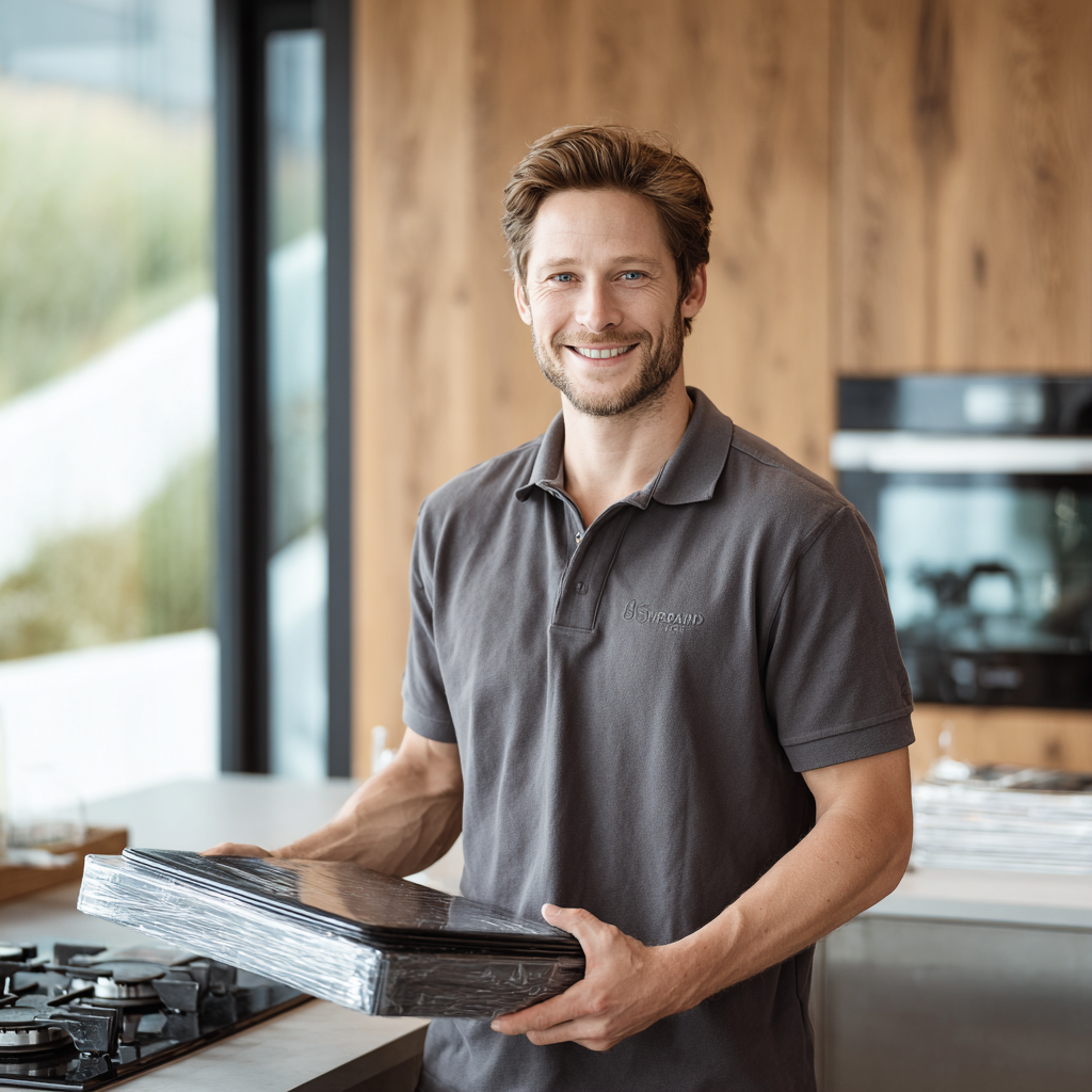 Smiling man in a gray polo shirt holding a stack of black trays in a modern kitchen.