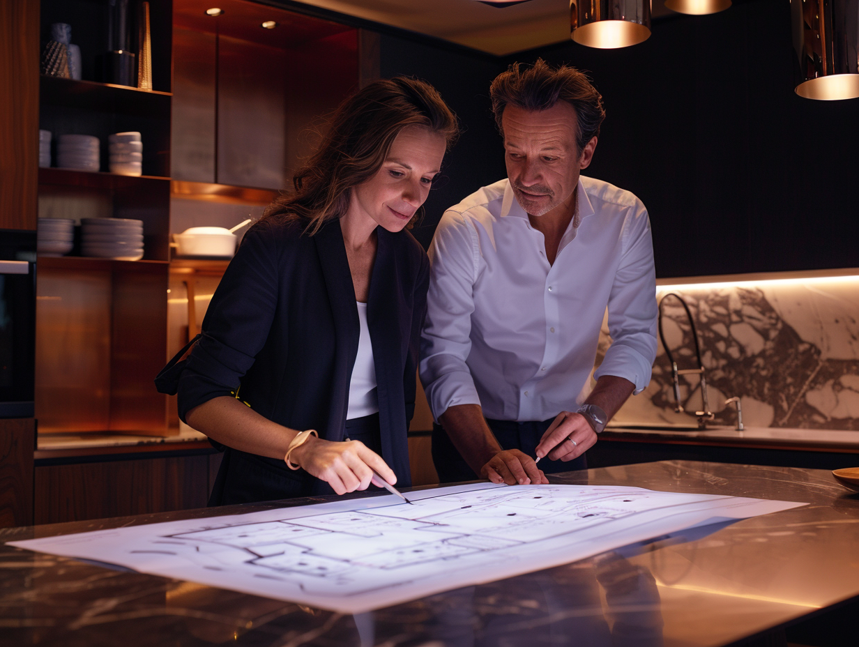 Two professionals reviewing architectural blueprints on a kitchen island in a modern kitchen.