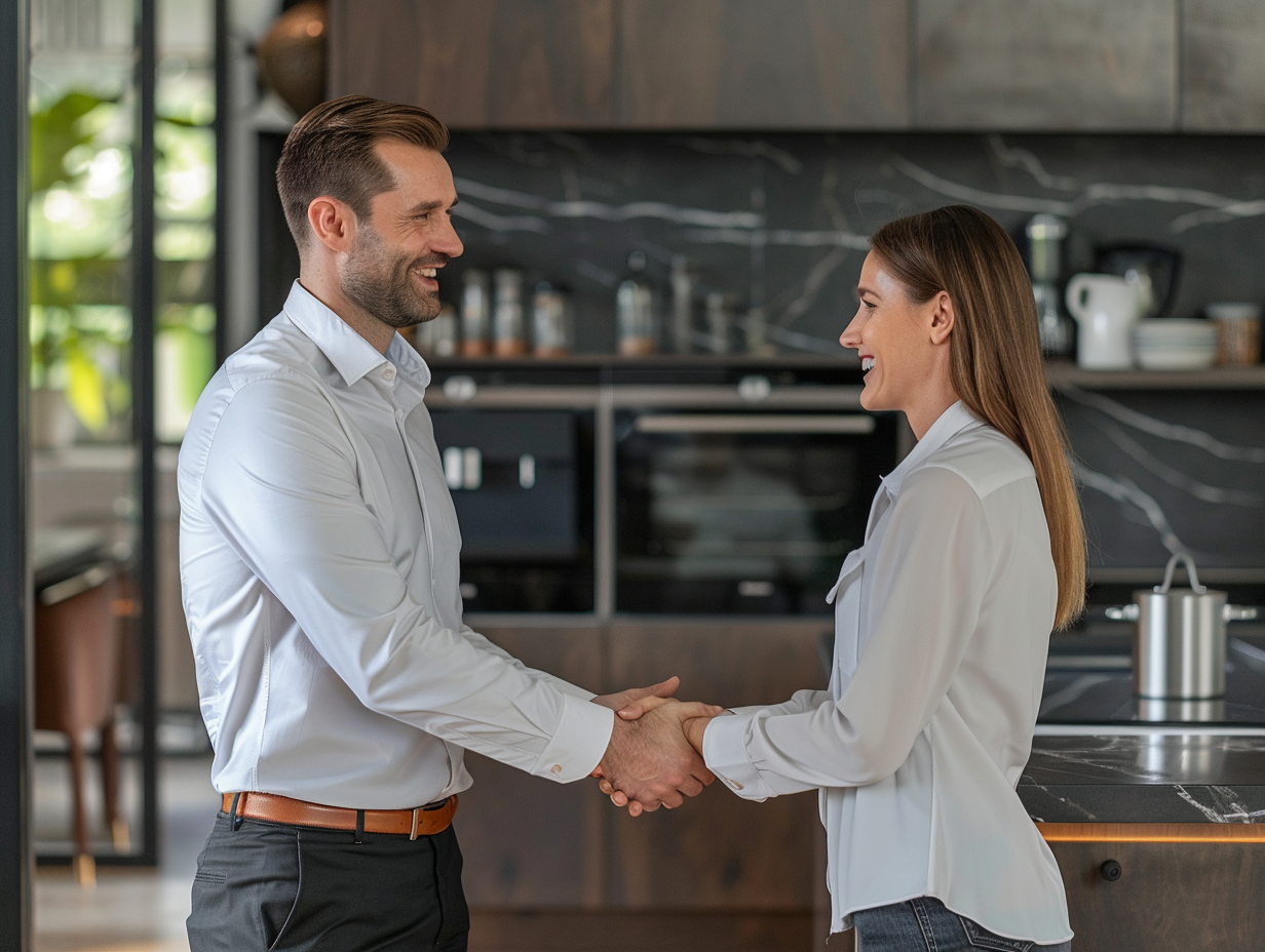 Man and woman smiling and shaking hands in a modern kitchen setting.