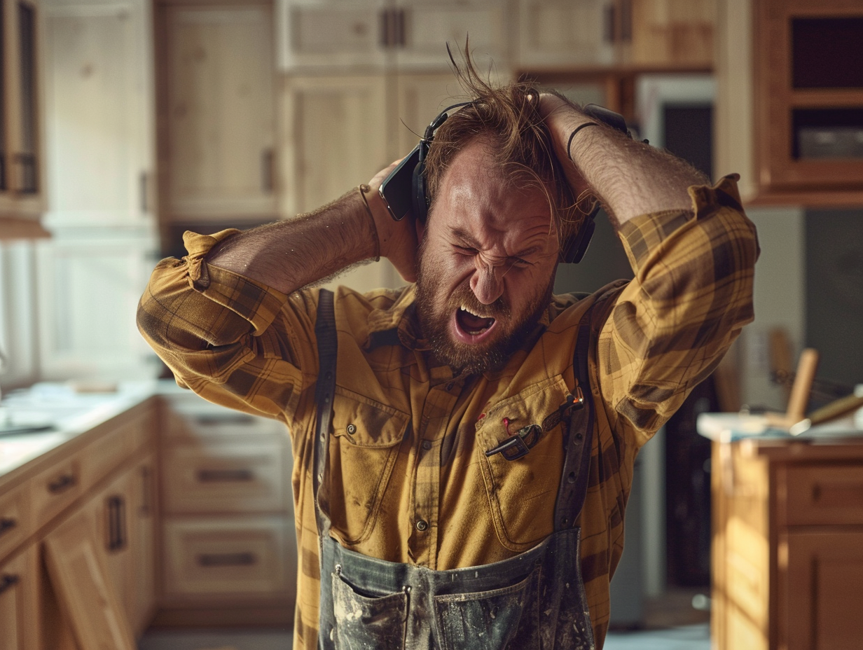 Frustrated man in a yellow plaid shirt and overalls holds his head with headphones on in a wooden kitchen.