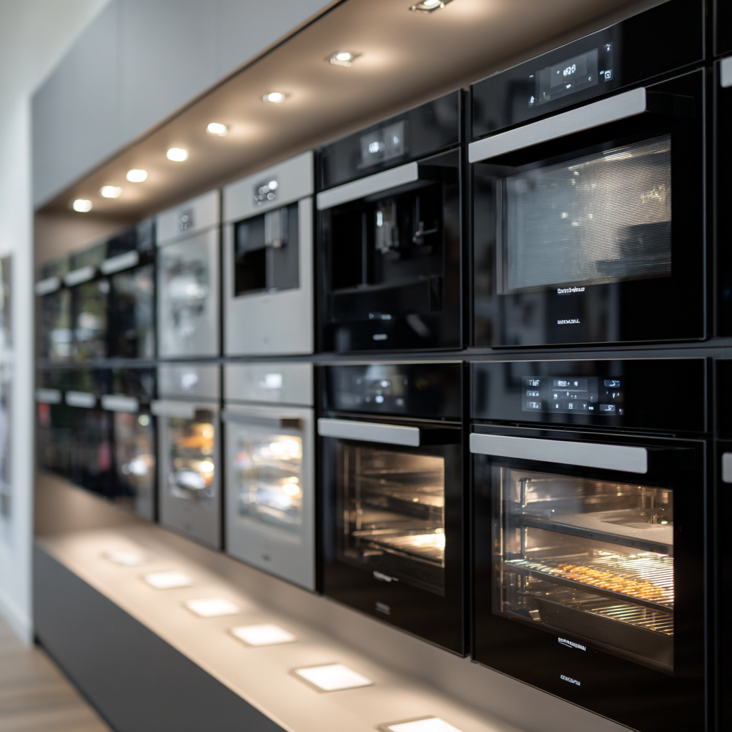 Modern kitchen showroom wall displaying multiple built-in ovens and coffee machines with illuminated shelves.